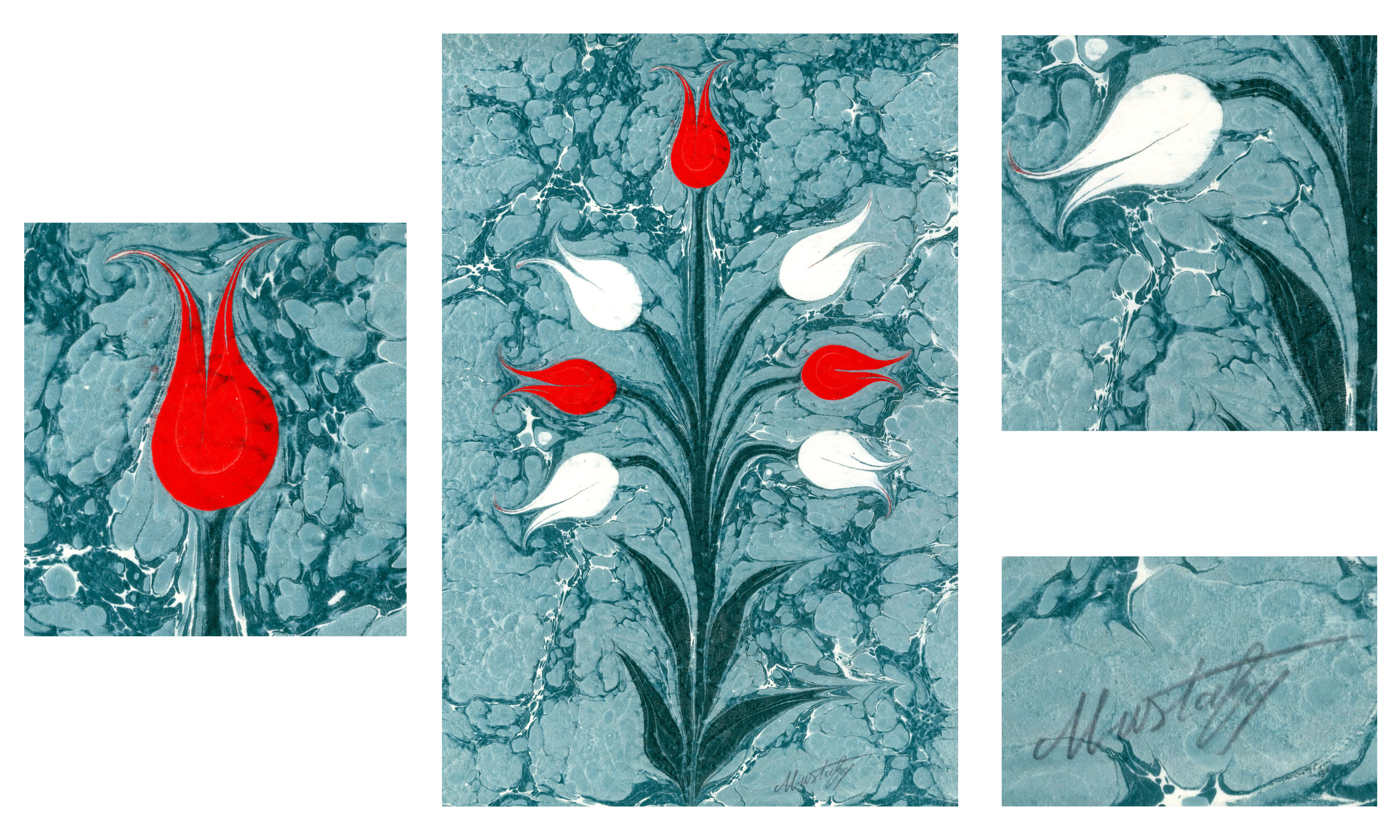 Features marbled paper along with close ups. The artifact consists of three red tulips and four white tulips on a single green stem with leaves on a dark blue-green stone patterned background 