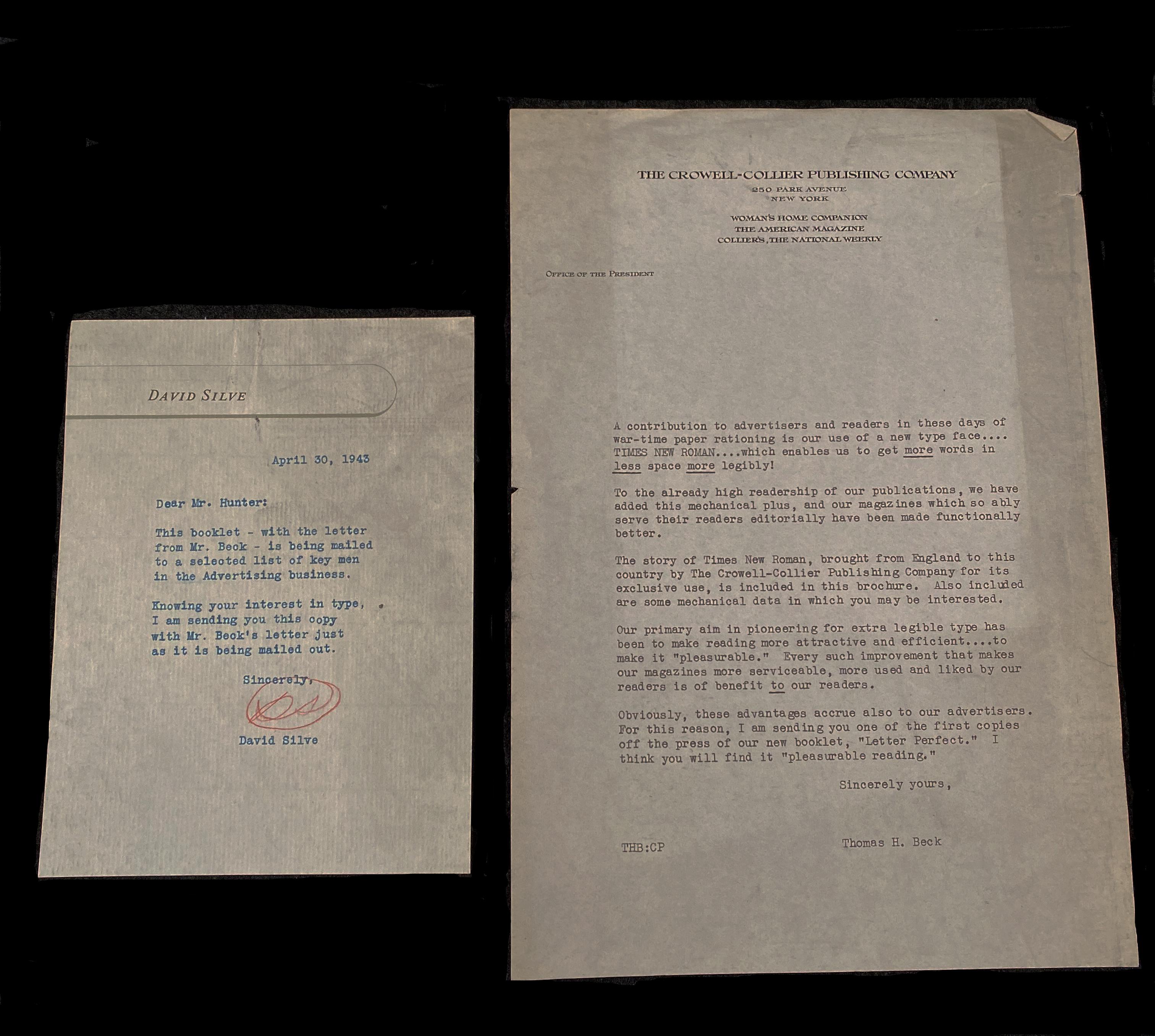 The two letters sent to Dard Hunter pictured side-by-side